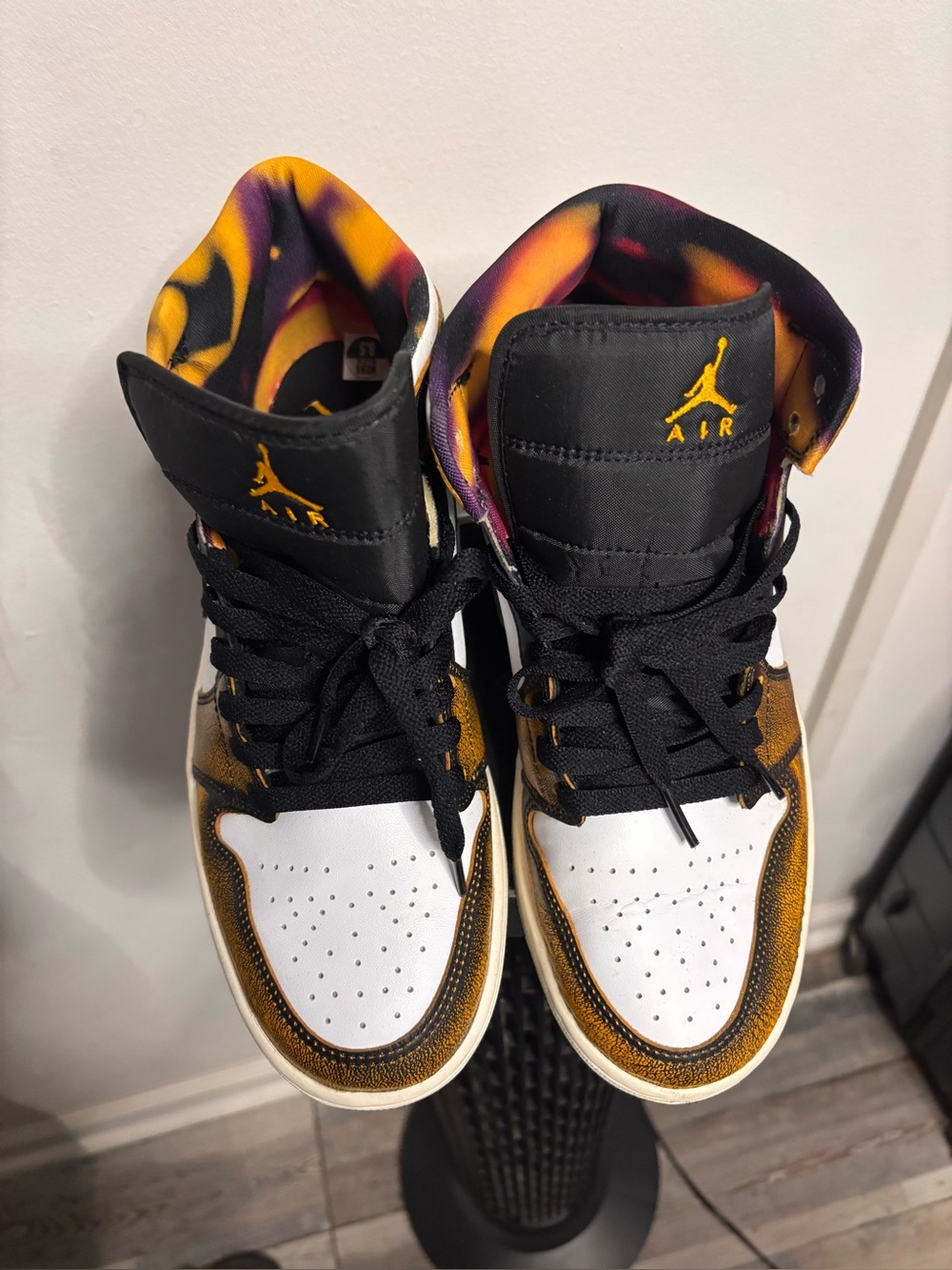 Jordan High-Top Sneakers in Black, White and Gold with Multicolor Liner